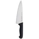 The Messermeister Pro Series Wide Chef's Knife - 8" by Messermeister features a stainless steel blade, sleek black handle, and is shown against a crisp white background.