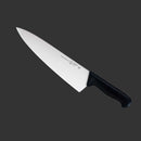 The Messermeister Pro Series Wide Chef's Knife - 10", featuring a black ergonomic handle and German stainless steel blade, is shown on a solid dark gray background.