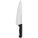 The Messermeister Pro Series Wide Chef's Knife - 10", made from German stainless steel with a black ergonomic handle, is shown against a white background.
