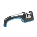 The Messermeister Pull Through Sharpener by Messermeister, shown in black and blue with two sharpening slots and a curved handle, is displayed against a plain white background.