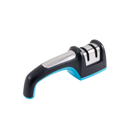 The Messermeister Pull Through Sharpener, featuring a black handle with blue accents and two sharpening slots on a metal top, is displayed against a plain white background.