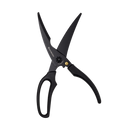 The Messermeister Push Button Take-Apart Poultry Shears - 10" feature large handles and a serrated edge, crafted from black high-carbon stainless steel, and are displayed against a plain white background.