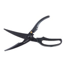 The Messermeister Push Button Take-Apart Poultry Shears - 10" feature black ergonomic handles and curved high-carbon stainless steel blades, ideal for cutting poultry or other foods.