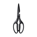 The Messermeister Push Button Take-Apart Multi Shears - 9", in black, feature serrated handles, sharp high-carbon stainless steel blades, a built-in bottle opener, and a nutcracker section; shown against a plain white background.