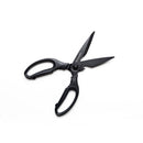 The Messermeister Push Button Take-Apart Multi Shears - 9", by Messermeister, are black kitchen shears with serrated handles and sharp blades, shown partially open on a white background.