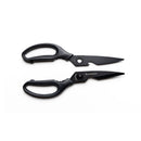 A pair of Messermeister Push Button Take-Apart Multi Shears - 9" in black, separated to show the handles and blades, with Messermeister inscribed on one blade, displayed on a white background.