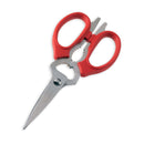 The Messermeister Red Take-Apart Kitchen Scissors - 8" feature stainless steel blades, red handles, a bottle opener, nutcracker, and serrated section near the handle; displayed on a white background.