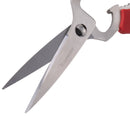 Close-up of Messermeister Red Take-Apart Kitchen Scissors - 8" with a red handle, highlighting the sharp stainless steel blades and built-in bottle opener feature.