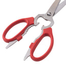 The Messermeister Red Take-Apart Kitchen Scissors - 8" feature stainless steel serrated blades, a built-in bottle opener and nutcracker, and separate for easy cleaning—ideal for versatile kitchen tasks.