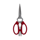 The Messermeister Red Take-Apart Kitchen Scissors - 8" feature stainless steel blades, a bottle opener between the handles, and a versatile, multifunctional design. Shown on a plain white background.