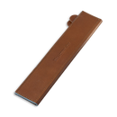 A Messermeister Saddle Brown Leather Magnetic Edge-Guard (10.5"), with visible stitching and brand embossing, styled like a chef’s knife protector, is shown on a white background.