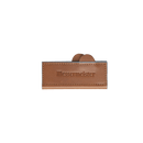 A Messermeister Saddle Brown Leather Magnetic Edge-Guard - 4", with the brand embossed on the front, is partially open to show metal objects and the edge guard inside, set against a plain white background.