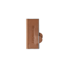 The Messermeister Saddle Brown Leather Magnetic Edge-Guard - 4" protects knife blades. Embossed with the brand name, it's ideal for paring knives and shown upright on a plain white background.