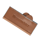 The Messermeister Saddle Brown Leather Magnetic Edge-Guard - 4" features visible stitching, rounded edges, and brand embossing, designed to protect your paring knife. Shown on a plain white background.