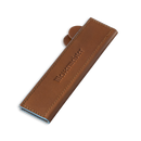 The Messermeister Saddle Brown Leather Magnetic Edge-Guard (6.5") features visible stitching and Messermeister embossing, providing reliable knife protection—shown against a white background.