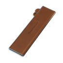 The Messermeister Saddle Brown Leather Magnetic Edge-Guard (8.5") features stitched edges and embossed branding, resembling a knife guard, and is shown on a white background.