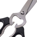 Close-up of Messermeister Black Take-Apart Kitchen Scissors - 8" with black handles, a built-in bottle opener, serrated stainless steel blades, and easy separation for cleaning. Perfect for all your kitchen tasks.