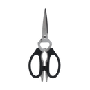 The Messermeister Black Take-Apart Kitchen Scissors - 8" feature stainless steel blades, black handles, plus a built-in bottle opener and nutcracker. These multipurpose kitchen scissors by Messermeister are shown on a plain white background.