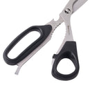 The Messermeister Take-Apart Utility Shears - 8.5" feature stainless steel blades with a serrated section near the hinge, black handles—one with a bottle opener edge—offering versatile performance for any kitchen task.