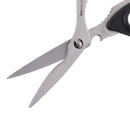A close-up of Messermeister Take-Apart Utility Shears - 8.5" with stainless steel blades, black handles, and a hinge mechanism on a white background—ideal utility scissors for everyday use from Messermeister.