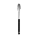The Messermeister Stainless Locking Tongs - 12" feature scalloped stainless steel edges and a black silicone grip handle, displayed against a plain white background.