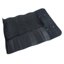The Messermeister Vintage Leather Black Knife Roll - 7 Pocket, handmade for chefs, features multiple knife pockets and snap buttons on the flap for secure closure. Shown open and empty.