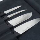 Four kitchen knives with black handles are neatly placed in the Messermeister Vintage Leather Black Knife Roll - 7 Pocket, each secured in separate slots; their blades are visible and arranged from smallest to largest for organized storage.
