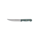 The Messermeister Custom Blue 4 Piece Steak Knife Set features slender, curved cold-rolled steel blades and blue handles with two brass rivets, displayed on a plain white background.