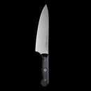 The Messermeister Custom Chef's Knife - 8", featuring a stainless steel blade and ergonomic handle, is displayed vertically against a solid black background.