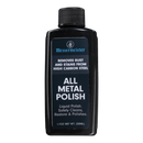 A 1.7oz black bottle of Messermeister All Metal Polish with a screw cap, labeled to remove rust and stains from high carbon steel, safely cleans, restores, and polishes knives. Brand: Messermeister.