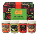 The Saltopia Mexican Food Lovers Set - TACO'CLOCK by SALTOPIA Infused Sea Salts comes in a taco-themed gift box and includes four jars: taco seasoning, lime garlic sea salt, hot honey blend, and garlic & onion salt.