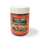 The 4.6-ounce SALTOPIA Infused Sea Salts Taco Seasoning: HOLY MOLY features a red label with taco images and a white lid, delivering bold, authentic flavor—perfect for seasoning your favorite Mexican-inspired dishes.