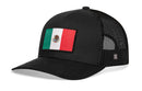 The Haka Hat Mexican Flag Trucker Hat is a black snapback featuring a vibrant patch with green, white, and red stripes plus the national emblem embroidered on the front, proudly representing Mexico.