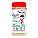 A spice jar of Pawpa Flavor Mama Mia Italian Seasoning from Pawpa Flavor LLC features a bear with glasses and a red tie on the label. This savory herb blend is crafted with all natural ingredients and is vegan-friendly, gluten-free, and low in sodium. The net weight is 5.25 oz (149g).