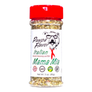A clear spice bottle labeled Pawpa Flavor Mama Mia Italian Seasoning from Pawpa Flavor LLC features a red cap and a cartoon bear in sunglasses, along with icons indicating gluten-free, low sodium, and all natural ingredients. Packed with savory herb notes, this Italian seasoning delivers authentic flavor to your favorite dishes.