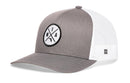 The Haka Hat Miami Trucker Hat | Gray-White MIA X Snapback by Haka Hat features a mesh back, gray and white design, and black-and-white patch logo with MIA X for classic trucker style.