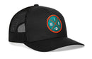 The Haka Hat Miami Trucker Hat features black mesh, a snapback fit, and a round patch with teal, orange, white "MIA X Football" design—showcasing the HAKA signature 5.0 style.