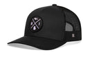 The Haka Hat Michigan Trucker Hat | Black MI X Snapback features a black mesh back and a front circular patch with crossed lines, the letters M and I, and silhouettes of Michigan’s Upper and Lower Peninsulas.