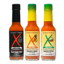 Elijah's Xtreme Mild & Hot Trio Hot Sauce Set by Elijah's Xtreme includes three handcrafted sauces in Ghost Pepper, Pineapple-Mango, and Roasted Pepper flavors. Each bottle features bold labels with vibrant illustrations of pepper, pineapple, mango, and garlic—making this set a perfect gift for any hot sauce enthusiast.
