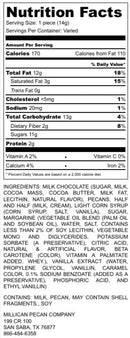 Millican Pecan Milk Chocolate Caramillicans - Individual Nutrition Facts label, detailing calories, fat, cholesterol, sodium, carbohydrates, protein, vitamins and minerals. Includes a comprehensive ingredient list with allergy information. Features pecan candy and milk chocolate caramels filled with handmade caramel centers. Manufacturer: Millican Pecan.