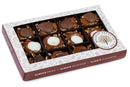 A Millican Pecan Combination 3-Chocolate Caramillicans Gift Box featuring a decorative label with the words “Always Fresh, Always Delicious, Always Flavorful”—the ideal treat for anyone who loves chocolate pecan candy or indulgent caramel pecans.
