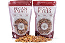 Two Millican Pecan Halves & Chopped Pieces Combo - Two 1 lb Bags stand upright with fresh pecans in front. Each bag lists 10g fat and 100 calories per 0.5oz serving size.