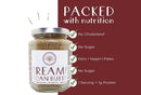 Millican Pecan Creamy Pecan Butter - 8.5 oz Natural Texas Pecan Spread: Keto, vegan, paleo; no cholesterol or sugar; 1g protein/serving. Cream & maroon label reads San Saba, TX.