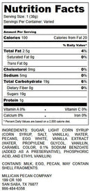 Nutrition facts label for Millican Pecan Southern Pecan Divinity Gift Box - Handmade Candy by Millican Pecan, providing details on calories, fat, sodium, carbohydrates, sugars, protein, vitamins, and ingredients. Includes allergen information and manufacturer details at the bottom—an ideal addition to any pecan gift box.
