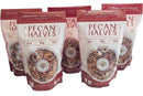 Five red and white Millican Pecan Orchard Fresh Raw Pecan Halves - Premium Shelled Texas Pecans 5oz bags stand upright, showing 100 calories per serving and premium grade 1 Texas pecans inside.