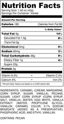 Nutrition facts label for Millican Pecan Old-Fashioned Pecan Log Rolls - 5 oz by Millican Pecan, featuring calories, fat, cholesterol, sodium, carbs, protein, and a list of premium ingredients including caramel, sugar, Texas pecans, and natural flavorings.