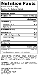 Nutrition Facts label for Millican Pecan Milk Chocolate Pecan Cluster - Individually Wrapped by Millican Pecan, featuring milk chocolate pecan clusters with 90 calories per 0.5 oz serving. Includes details on fat, cholesterol, sodium, carbohydrates, protein, vitamins, and ingredients. Company information appears at the bottom of the label. Perfect as an individually wrapped candy from Millican Pecan for convenient on-the-go indulgence.