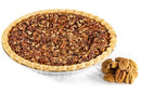 A Millican Pecan Delicious Texas Southern Pecan Pie - 9 Inch, in a foil pan, is displayed next to a small pile of whole pecans from Millican Pecan, both set against a white background.