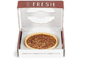 A Millican Pecan Delicious Texas Southern Pecan Pie - 9 Inch rests inside an open white and maroon box labeled “FRESH.” The pie, from Millican Pecan, features a golden crust and is generously topped with pecans. Inside the box, a custom cutout securely holds the pie in place.