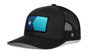 The Haka Hat Minnesota Flag Trucker Hat is a black mesh snapback with a blue and teal geometric patch featuring a white star on the front and a small square logo tag on the side.